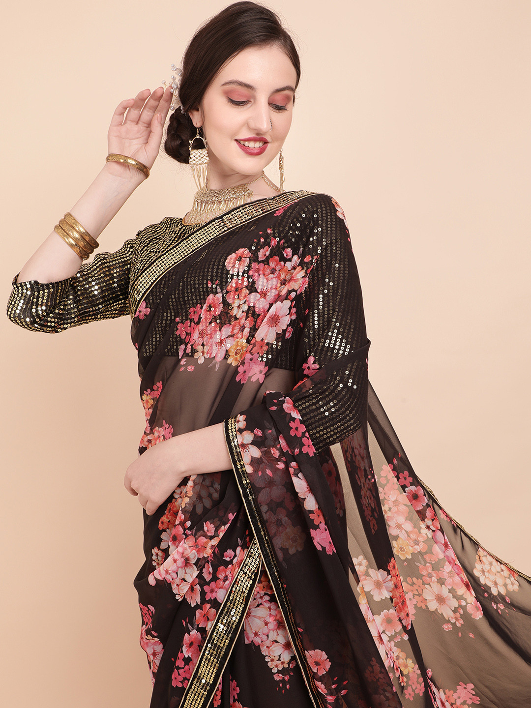 Sangria Black & Pink Floral Sequinned Pure Georgette Saree