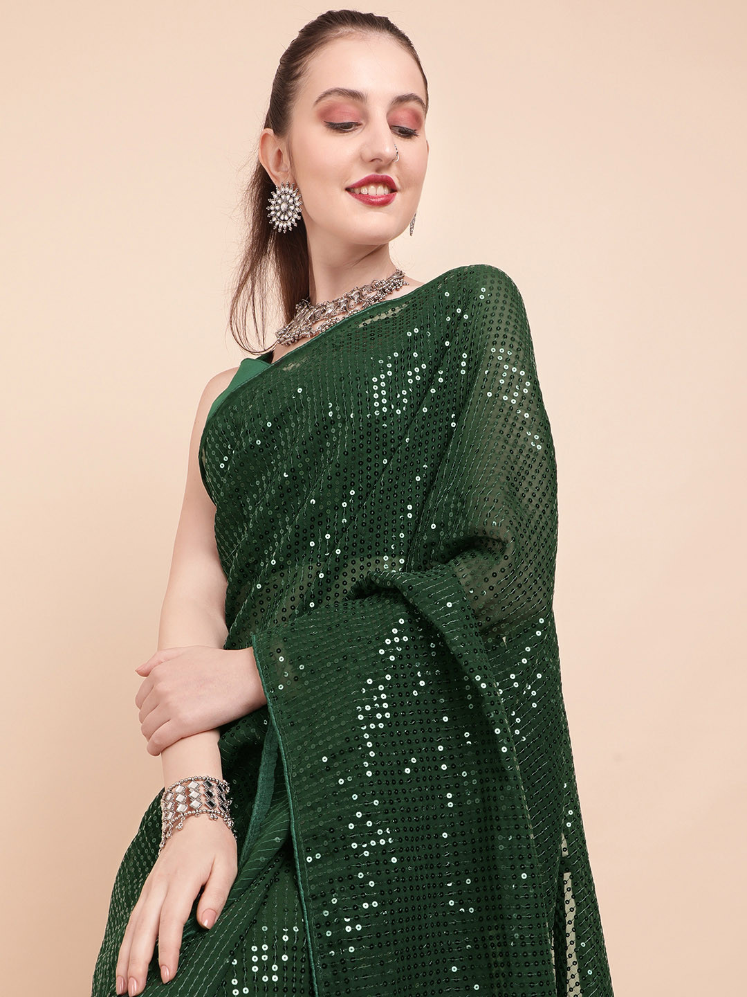 Sangria Olive Green Embellished Sequinned Pure Georgette Saree