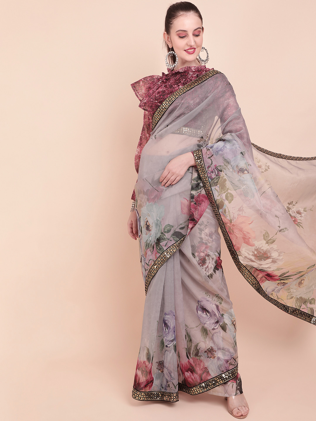 Sangria Lavender & Pink Floral Printed Sequinned Organza Saree