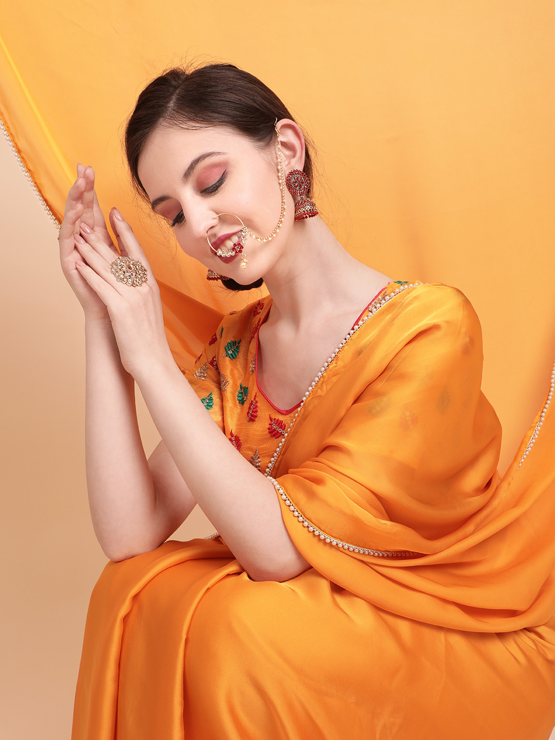 Sangria Mustard Yellow & White Solid Embellished Satin Designer Saree