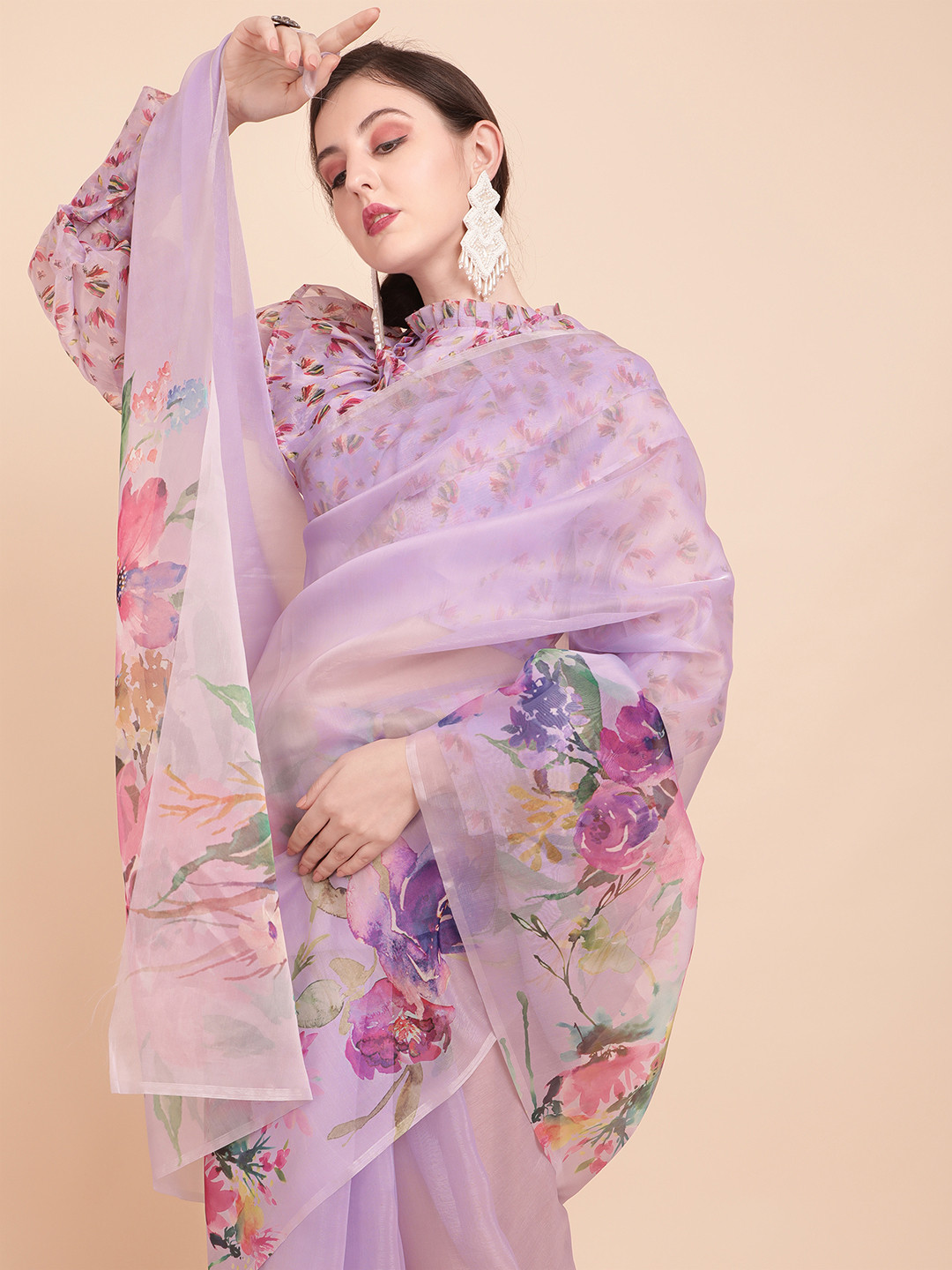 Sangria Lavender & Green Floral Organza Saree