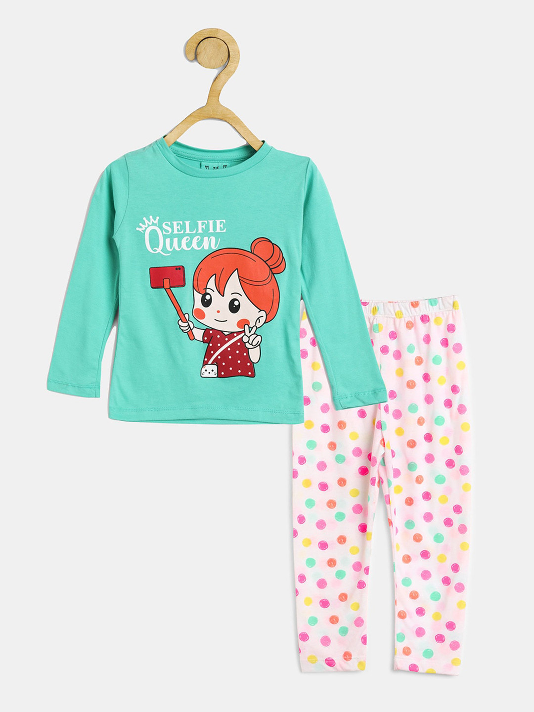 Wyld Sprog Girls Sea Green & White Polka Dots Printed Night suit