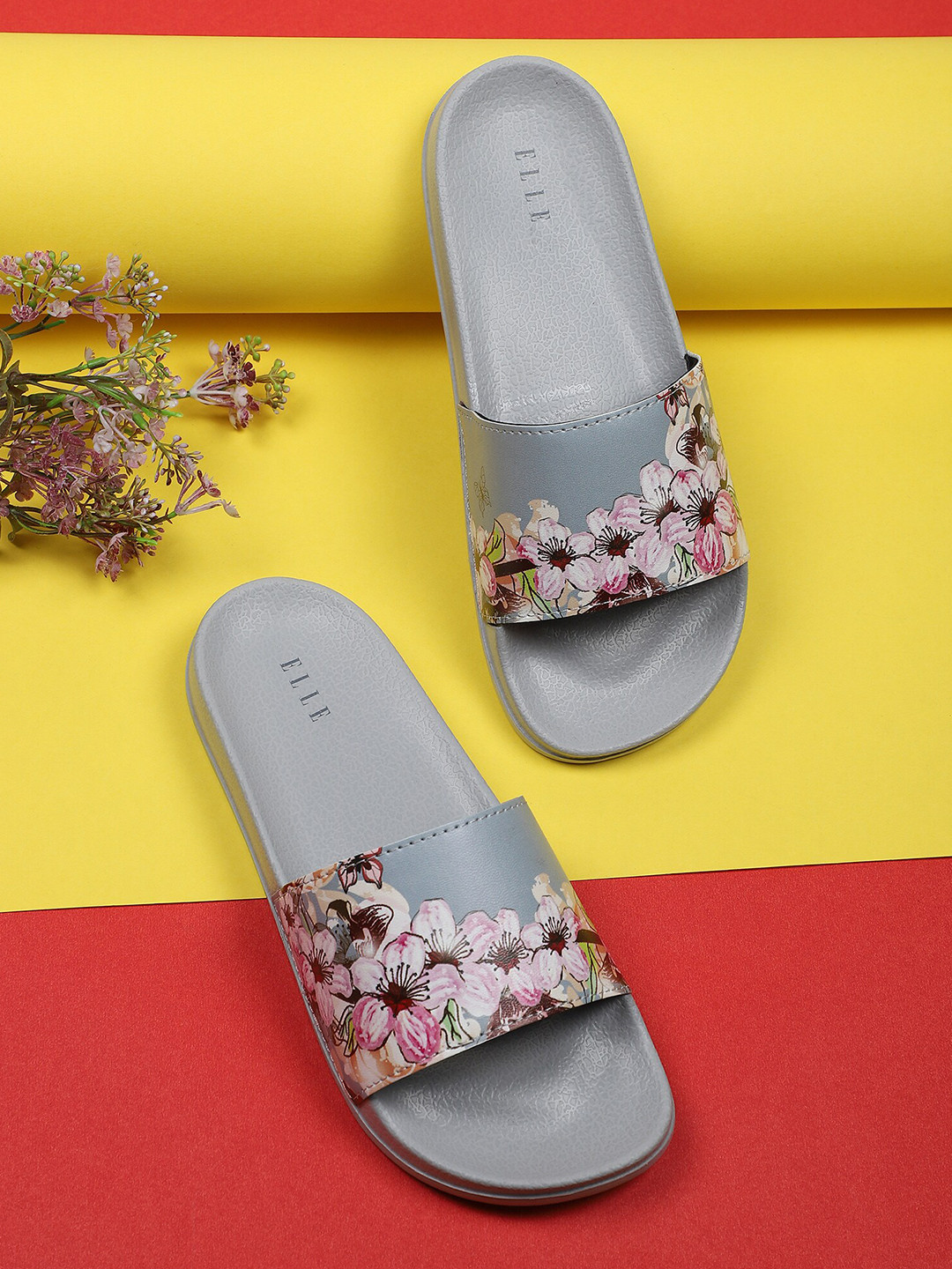 ELLE Women Grey & Pink Printed Sliders