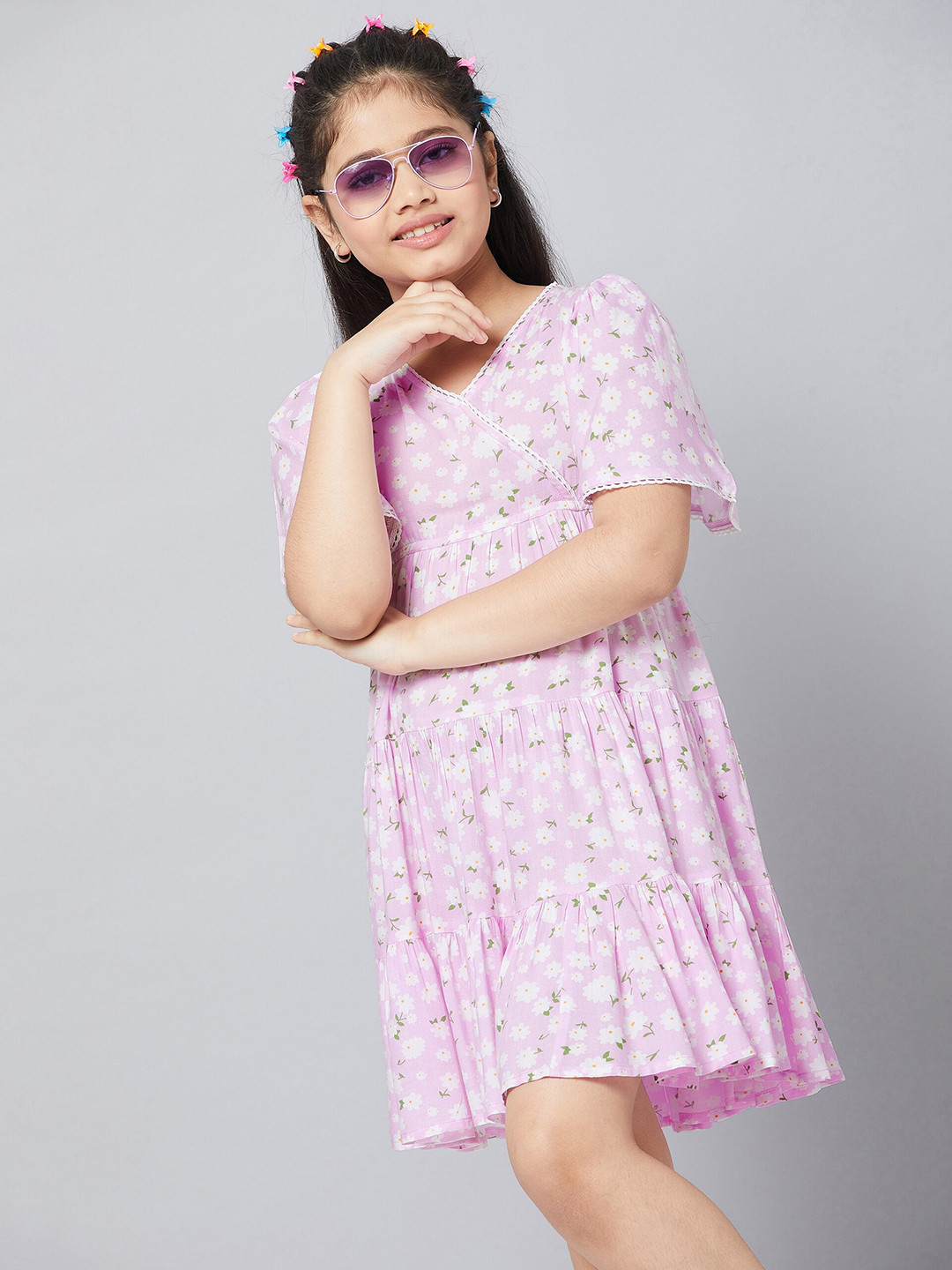 Stylo Bug Girls Pink & White Floral Pure Cotton Dress