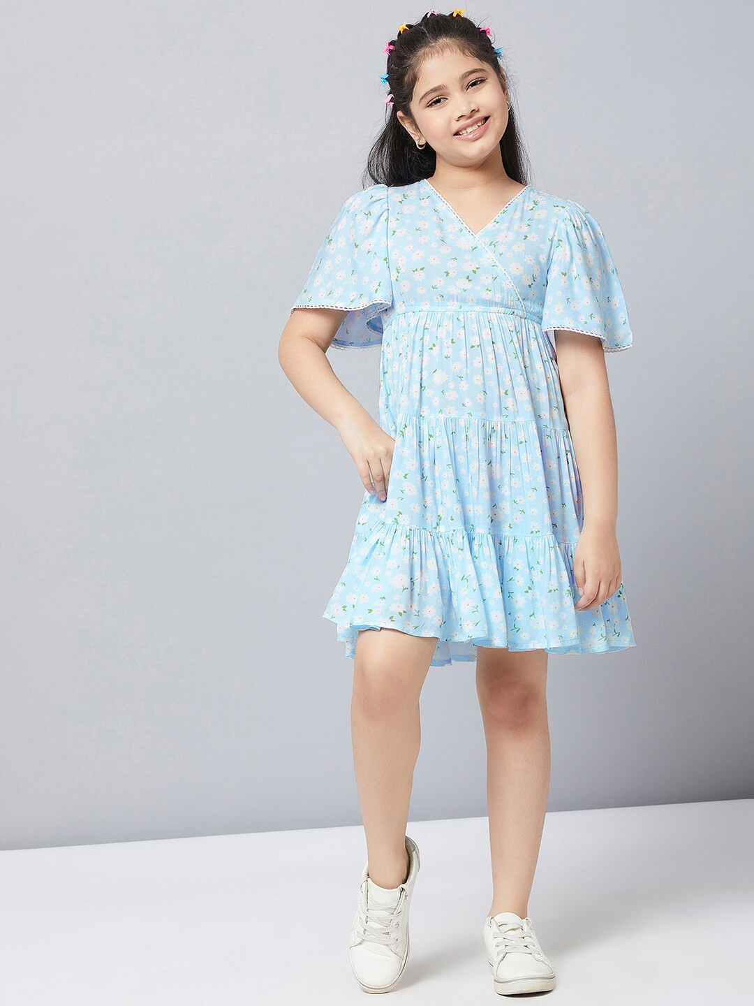 Stylo Bug Girls Blue Floral Tiered Dress