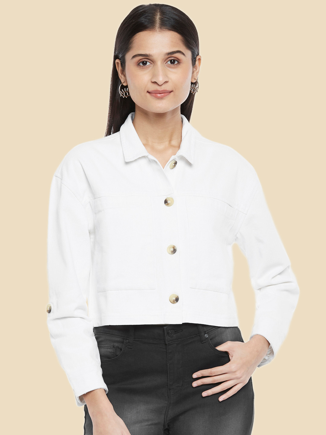 People Women White Crop Pure Cotton Denim Jacket