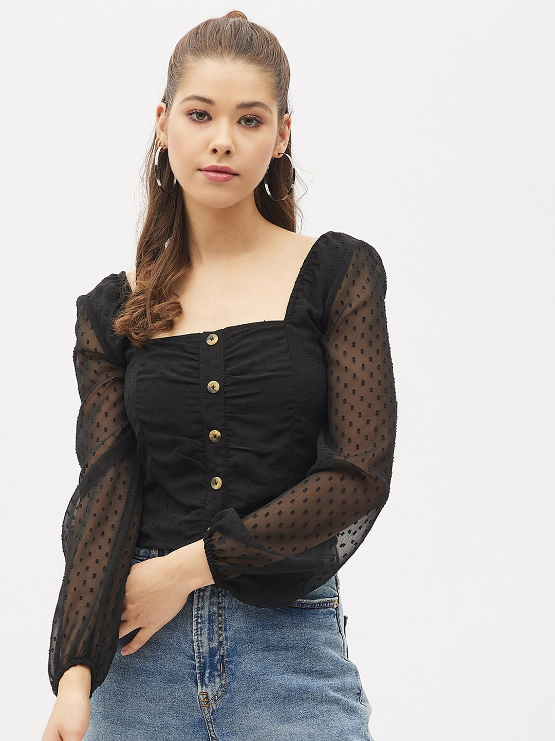 Harpa Black Solid Pleated Casual Sheer Georgette Top