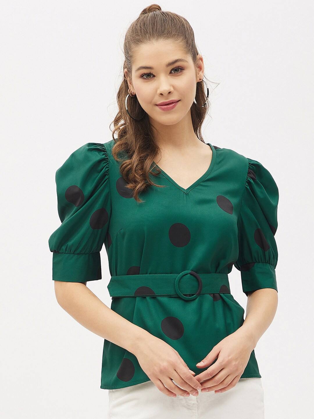 Harpa Green & Black Printed Cinched Waist Top