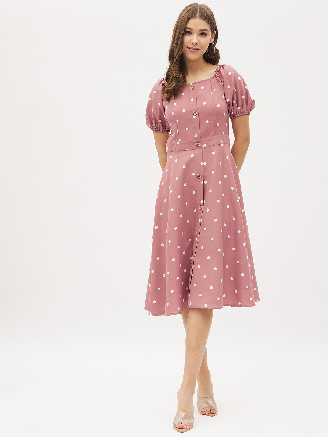 Harpa Women Pink Polka Dot Printed Midi Dress