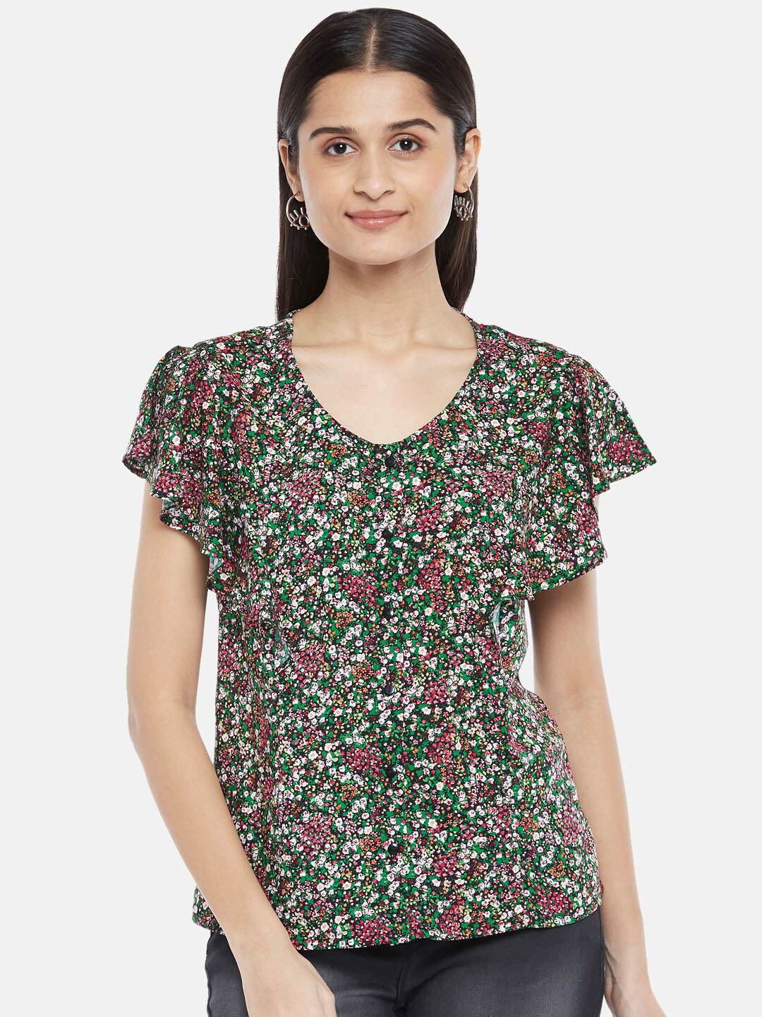 Honey by Pantaloons Green & Pink Floral Print Top