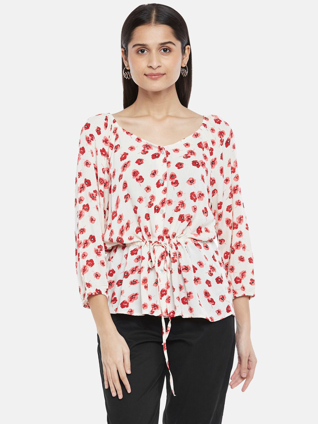 Honey by Pantaloons Off White & Red Floral Print Blouson Top