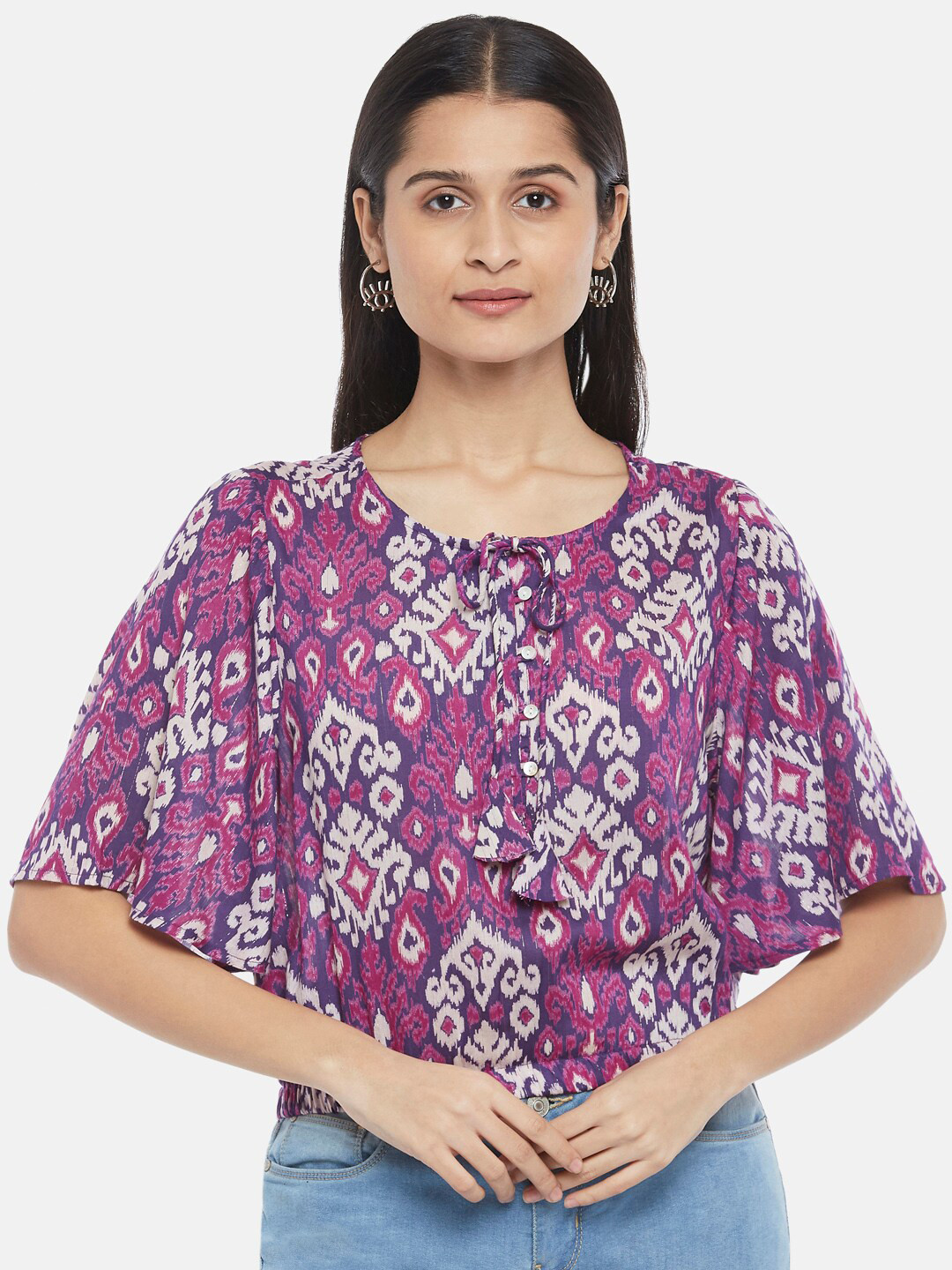 People Purple & Off White Print Tie-Up Neck Blouson Top