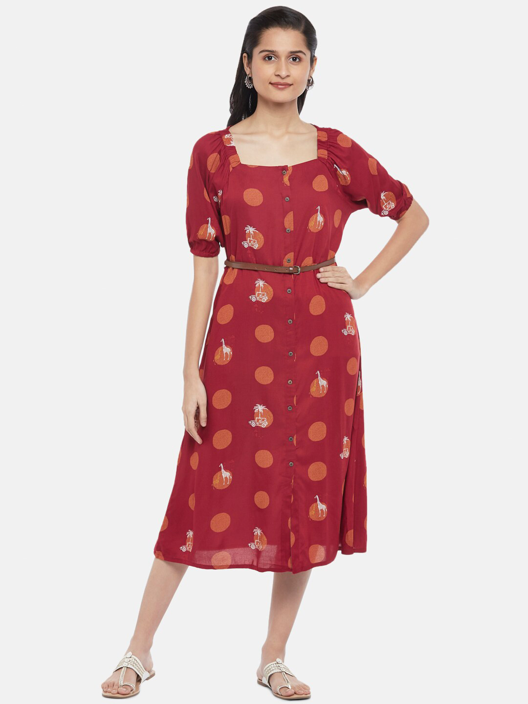 AKKRITI BY PANTALOONS Red Ethnic Motifs A-Line Midi Dress