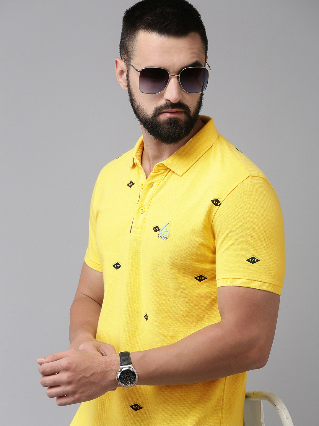 SPYKAR Pure Cotton Typography Printed Polo Collar Slim Fit Casual T-shirt