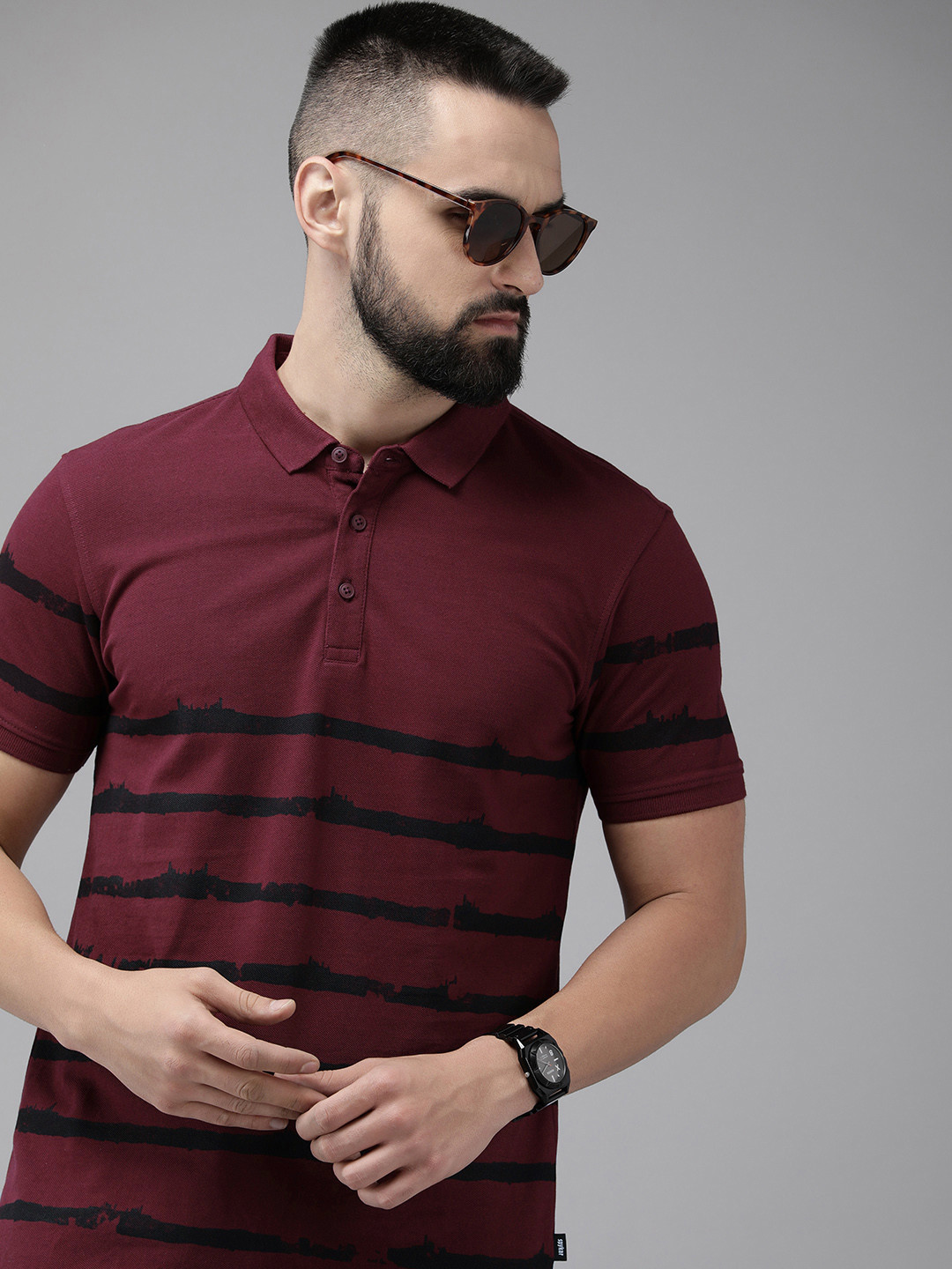 SPYKAR Pure Cotton Polo Collar Slim Fit Striped Casual T-shirt