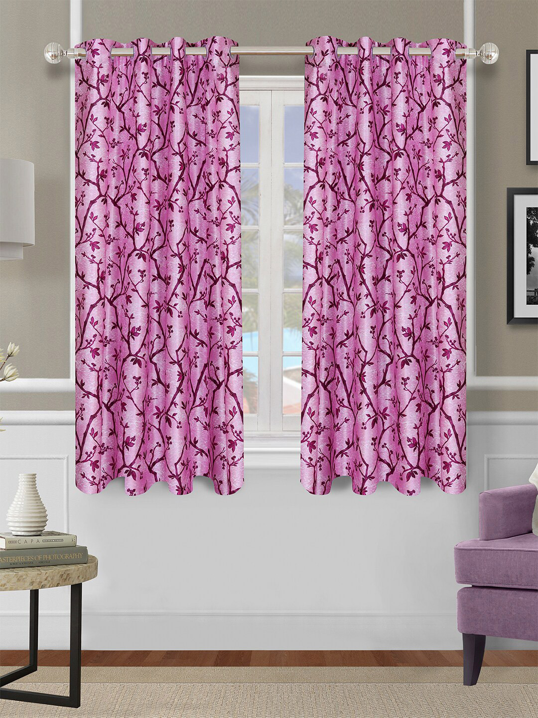 ROMEE Pink & Fuchsia Set of 2 Floral Printed Window Curtain