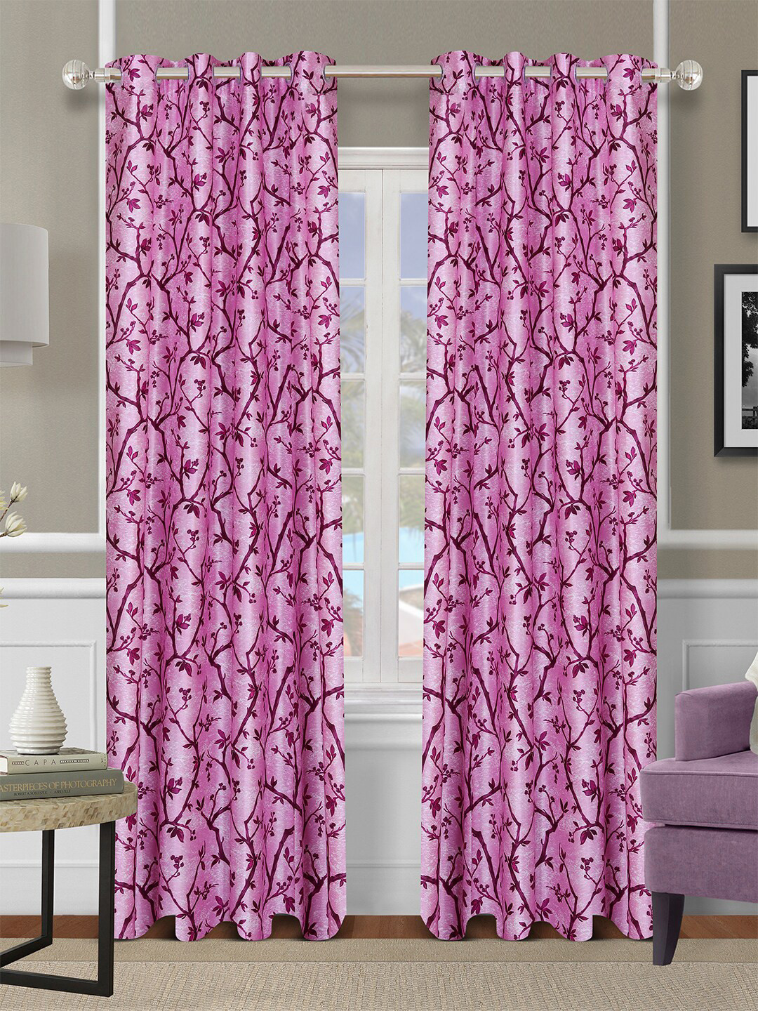ROMEE Set Of 2 Pink Floral Long Door Curtain