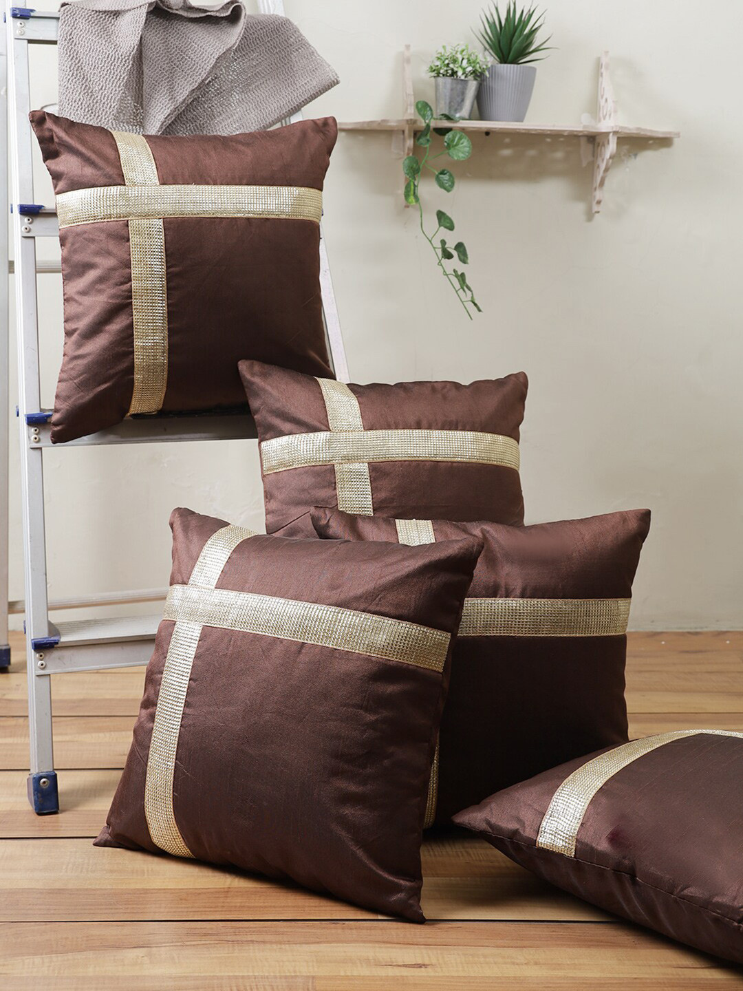 ROMEE Coffee Brown Geometric Polyester Washable 5 Pcs Patchwork Cushion Covers -16x16In