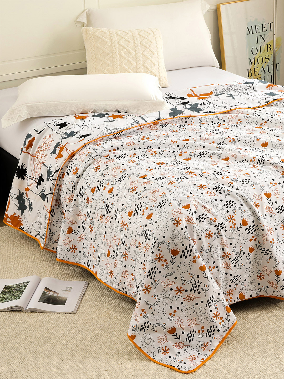 Story@home Orange & White Floral AC Room 150 GSM Reversible Double Bed Dohar