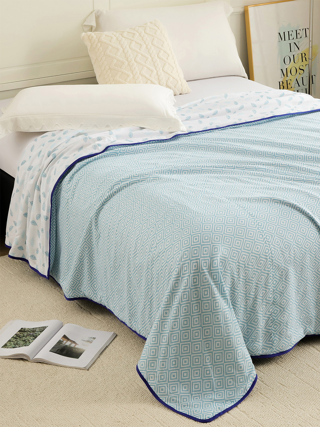 Story@home Turquoise Blue & White 150 GSM Single Bed Floral AC Room Dohar