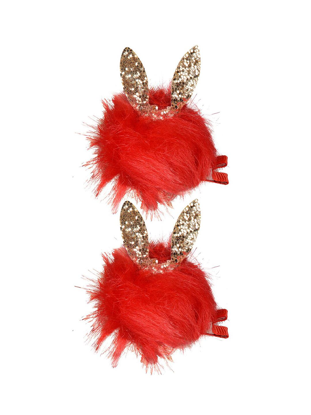 Aye Candy Girls Red & Gold-Toned Set of 2 Fur Pompom with Ears Alligator Hair Clip