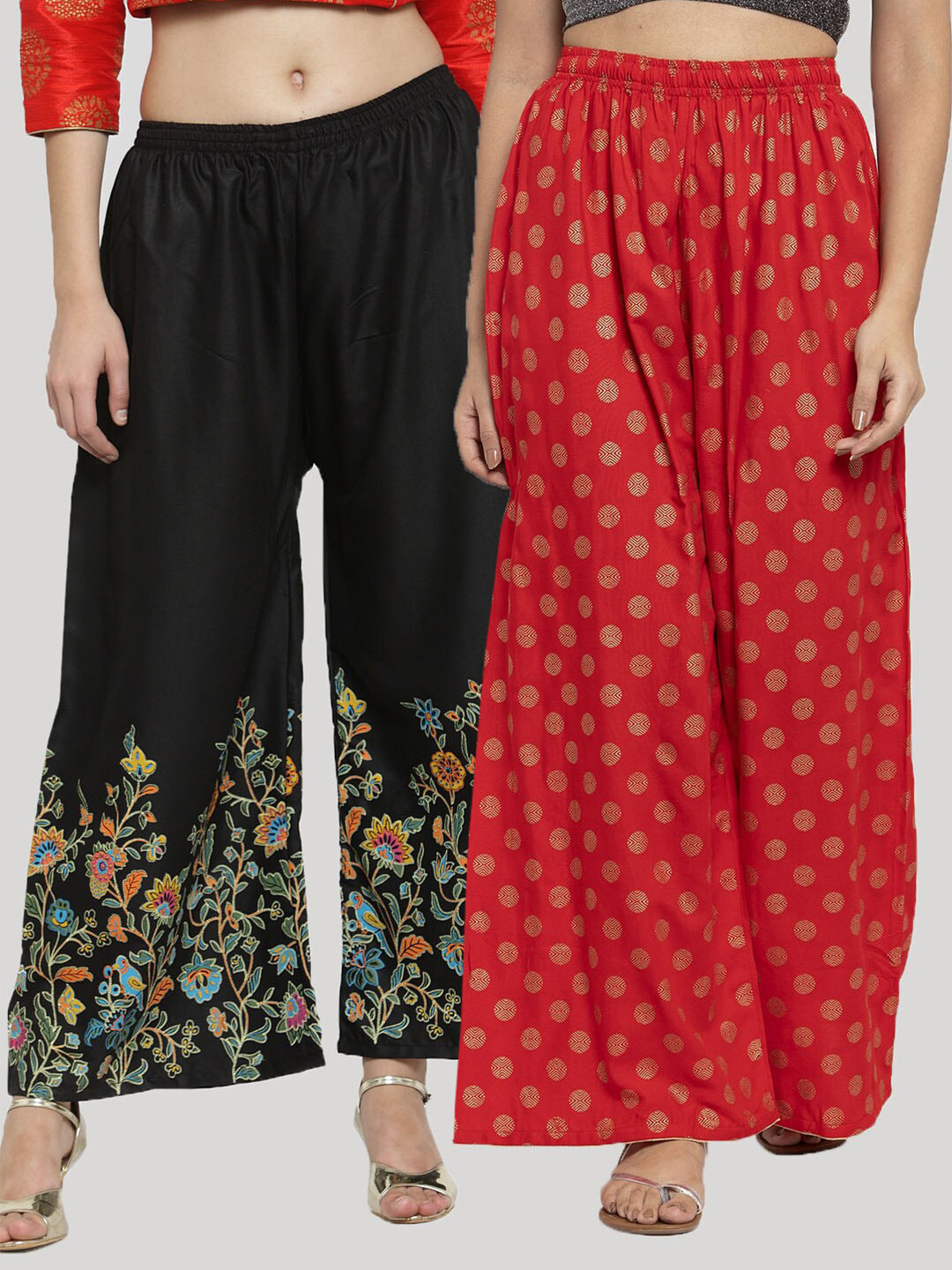 Clora Creation Women Red & Black Set Of 2 Floral Printed Knitted Ethnic Palazzos