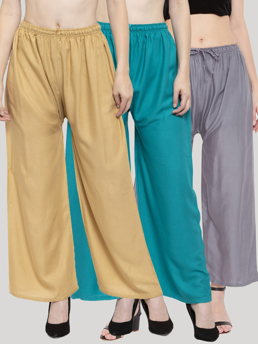 Clora Creation Women Turquoise Blue & Grey & Beige Pack Of 3 Straight Fit Palazzos