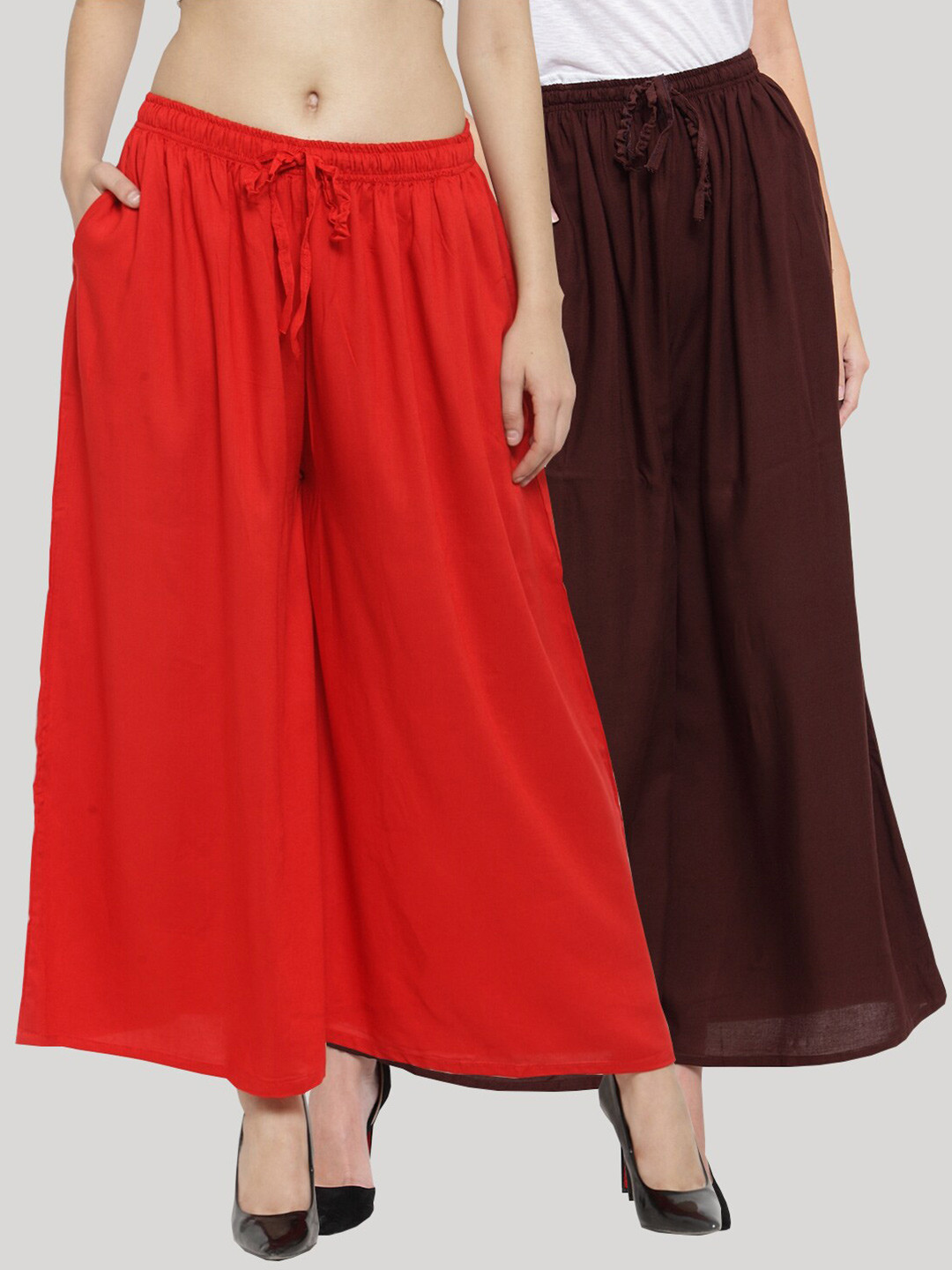 Clora Creation Women Red & Coffee Brown Pack Of 2 Solid Wide Leg Fit Palazzos