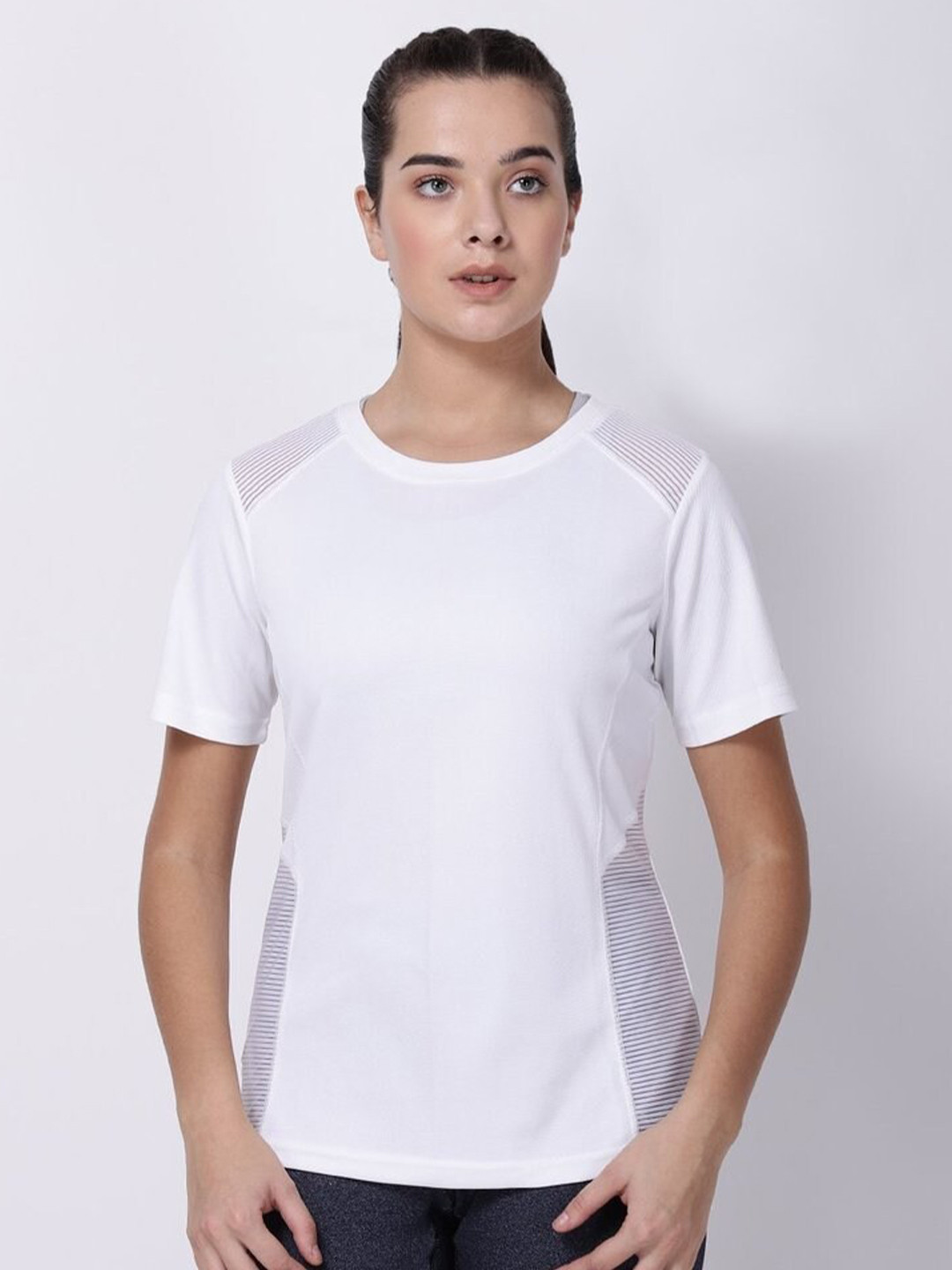STUDIOACTIV Women Solid White Sports Training & Gym T-shirt