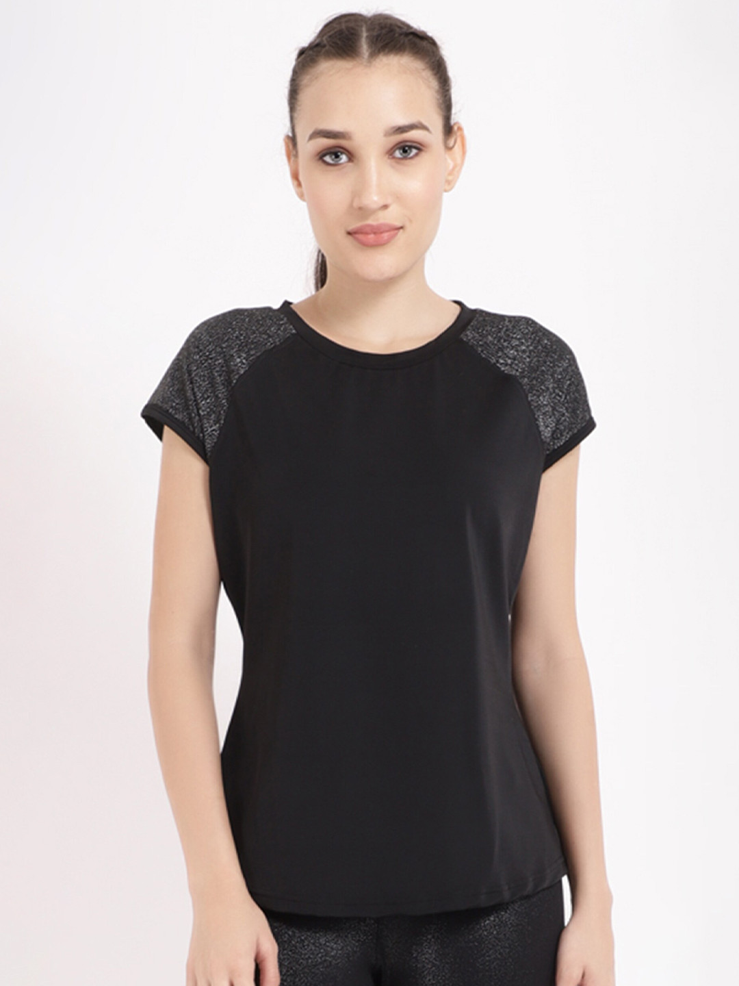STUDIOACTIV Women Solid Black Sports Training & Gym T-shirt