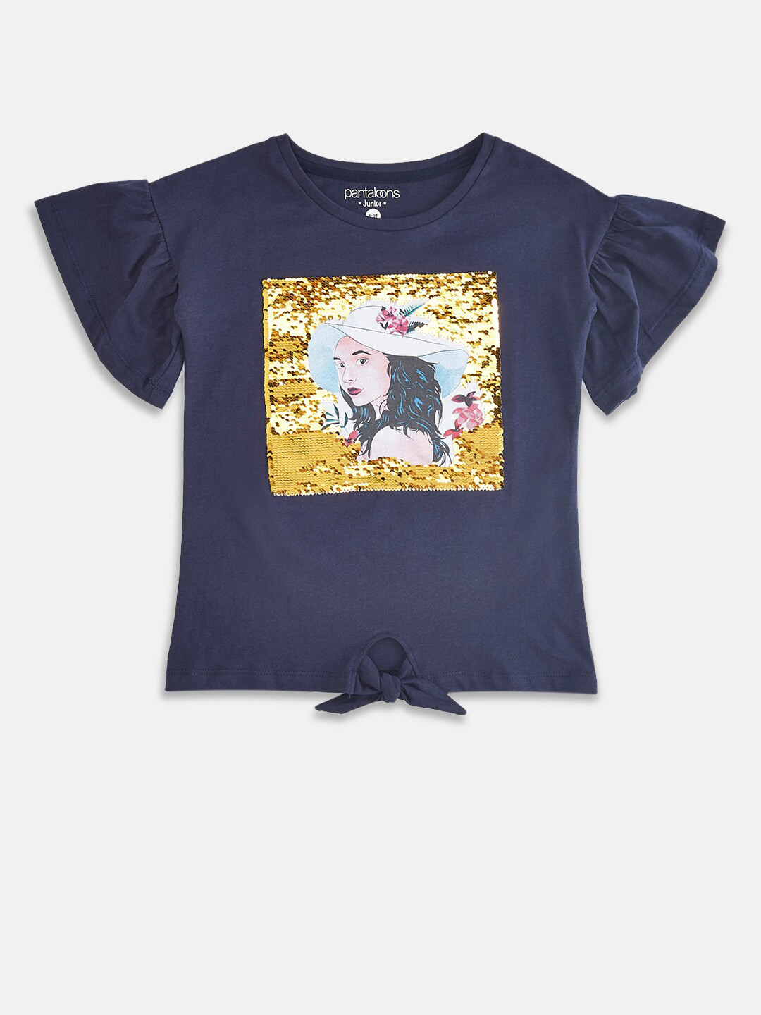 Pantaloons Junior Girls Navy Blue Printed Extended Sleeves Cotton T-shirt