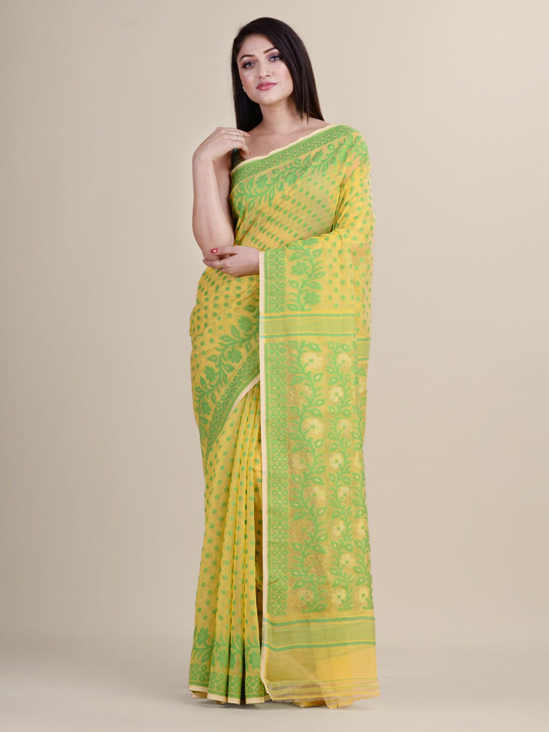 Laa Calcutta Yellow & Lime Green Silk Cotton Jamdani Saree