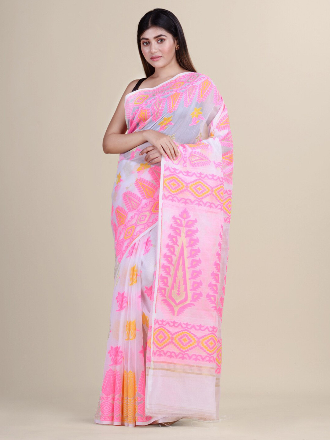 Laa Calcutta Women White & Pink Cotton Silk Woven Saree