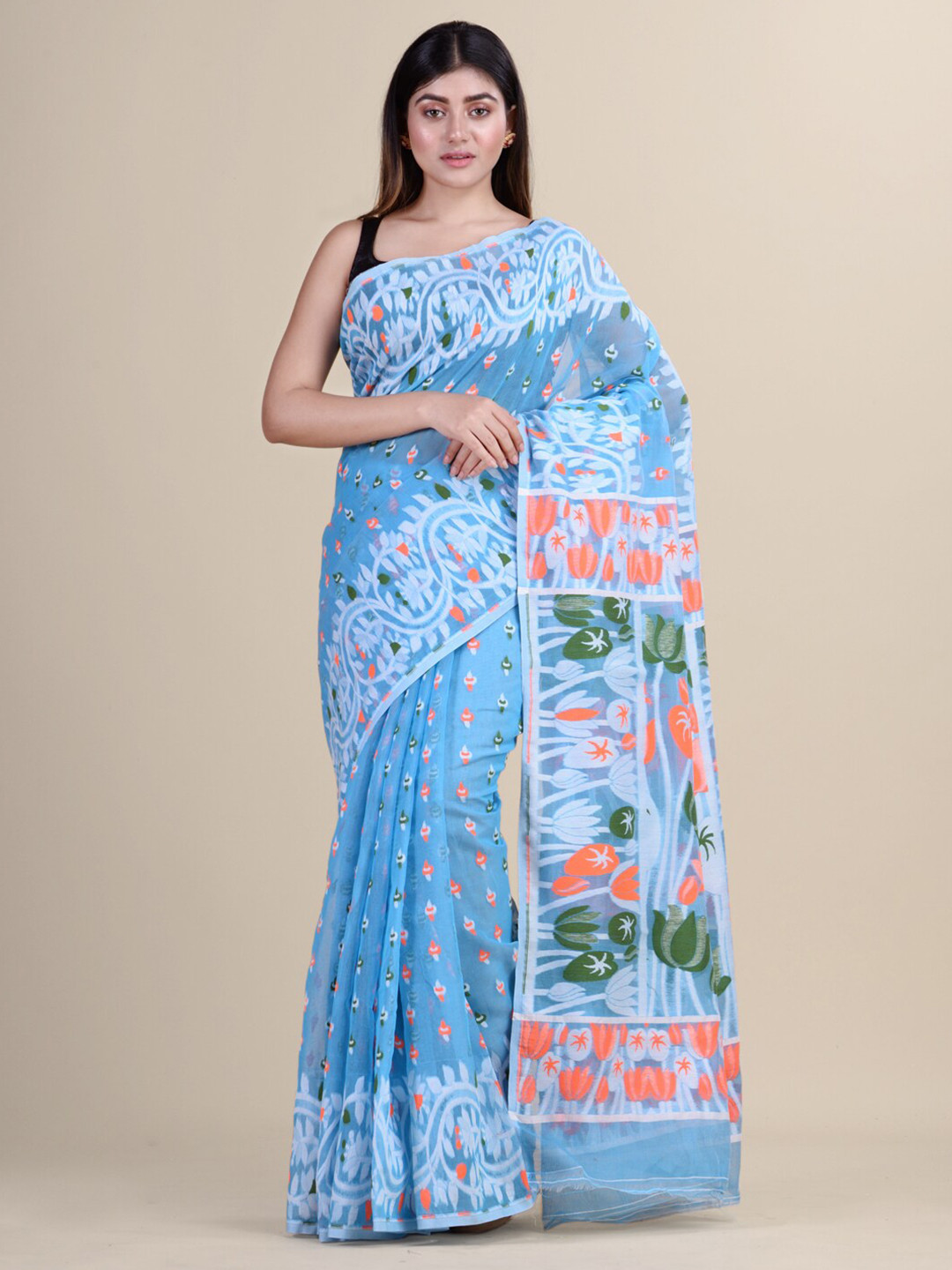Laa Calcutta Women Blue Cotton Silk Saree