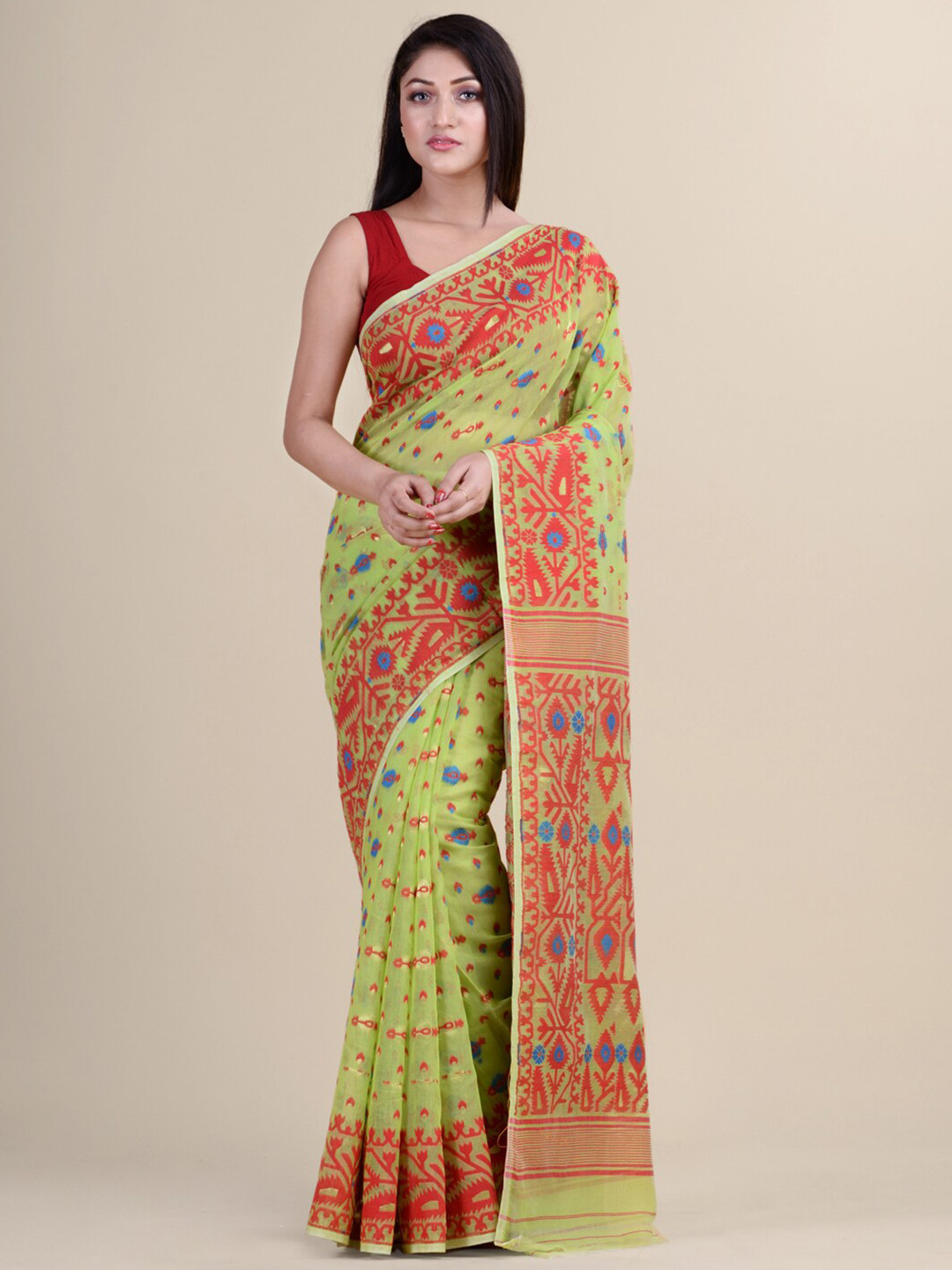 Laa Calcutta Green & Red Woven Design Silk Cotton Jamdani Handloom Saree