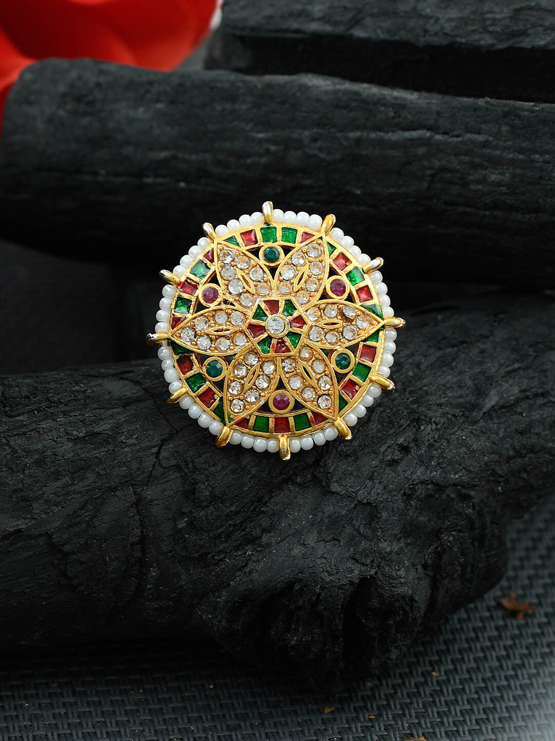 Silvermerc Designs Gold-Plated Stone-Studded Adjustable Finger Ring