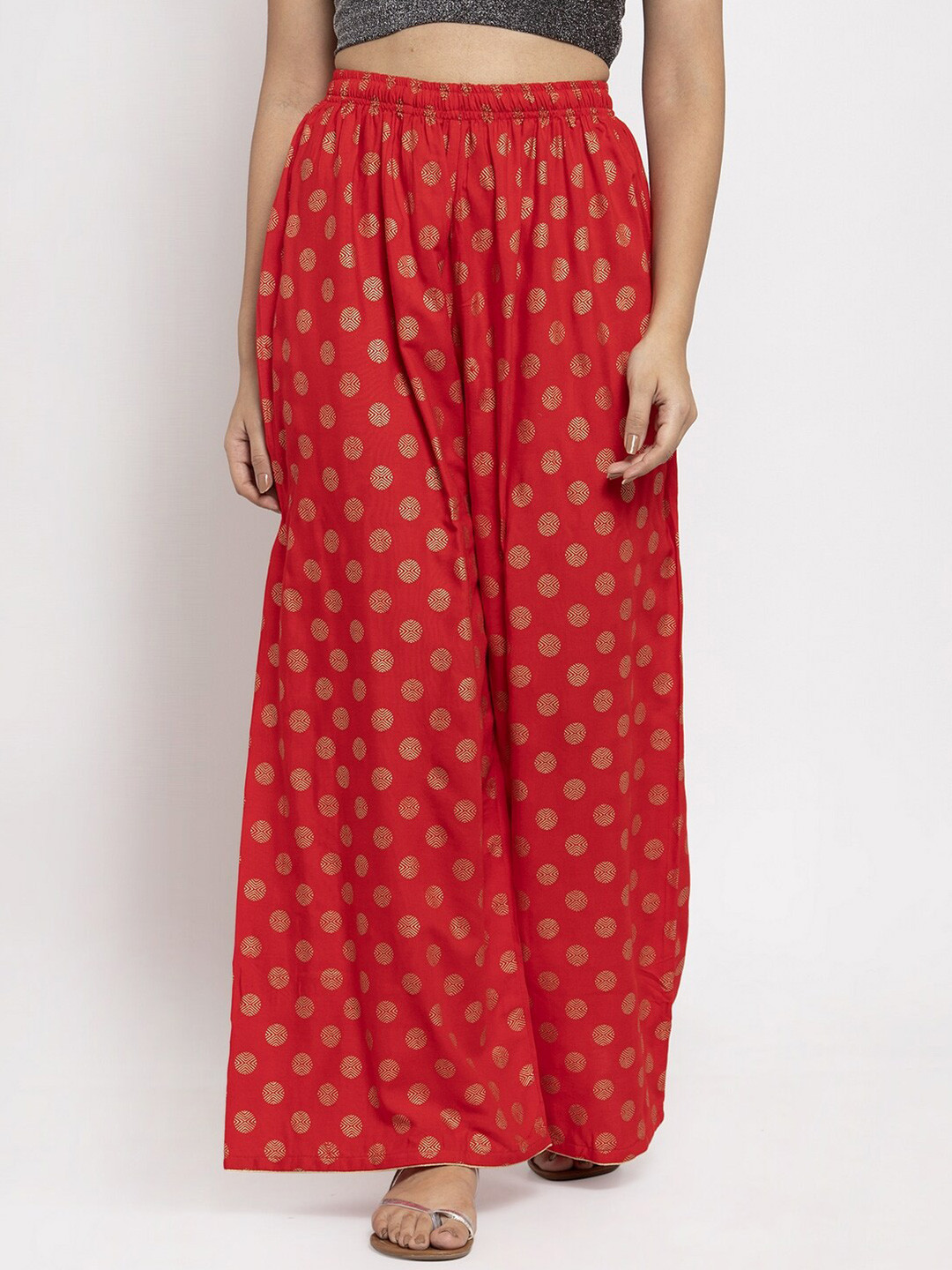 Clora Creation Women Red & Gold-Toned Ethnic Motifs Knitted Ethnic Palazzos