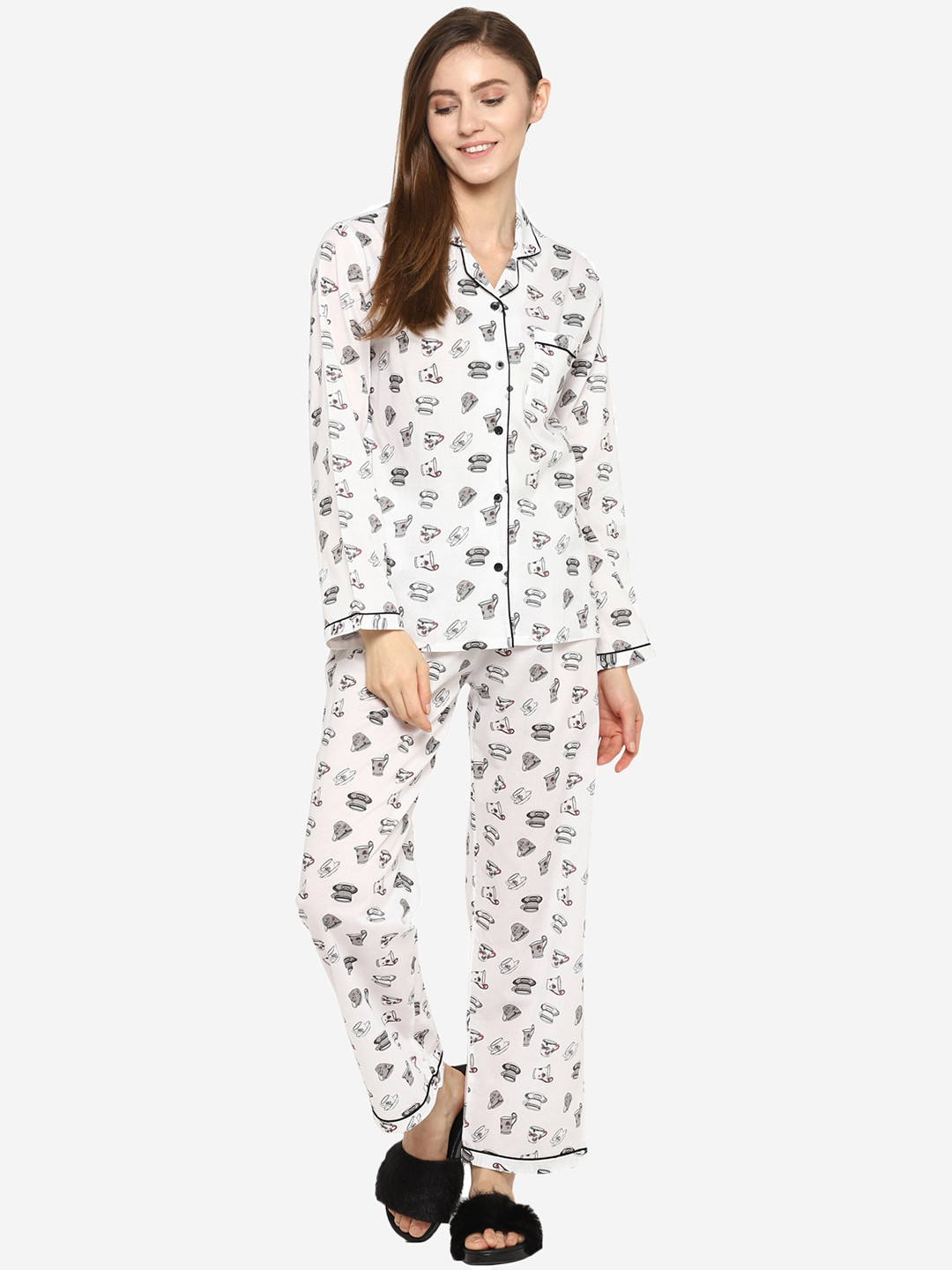 shopbloom Women White Printed Cotton Night Suit