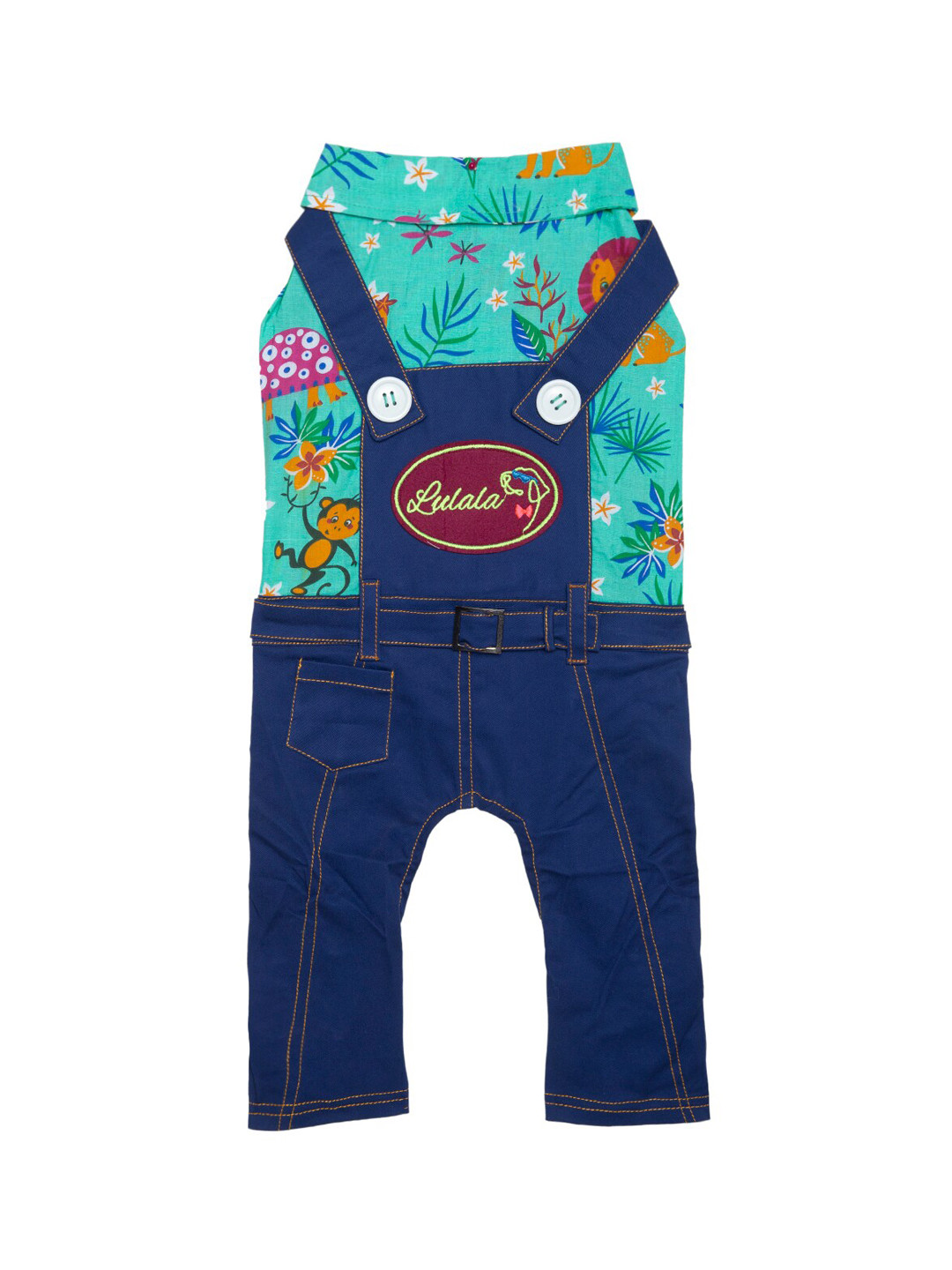 Lulala Sea Green Printed Denim Dog Jumpsuit