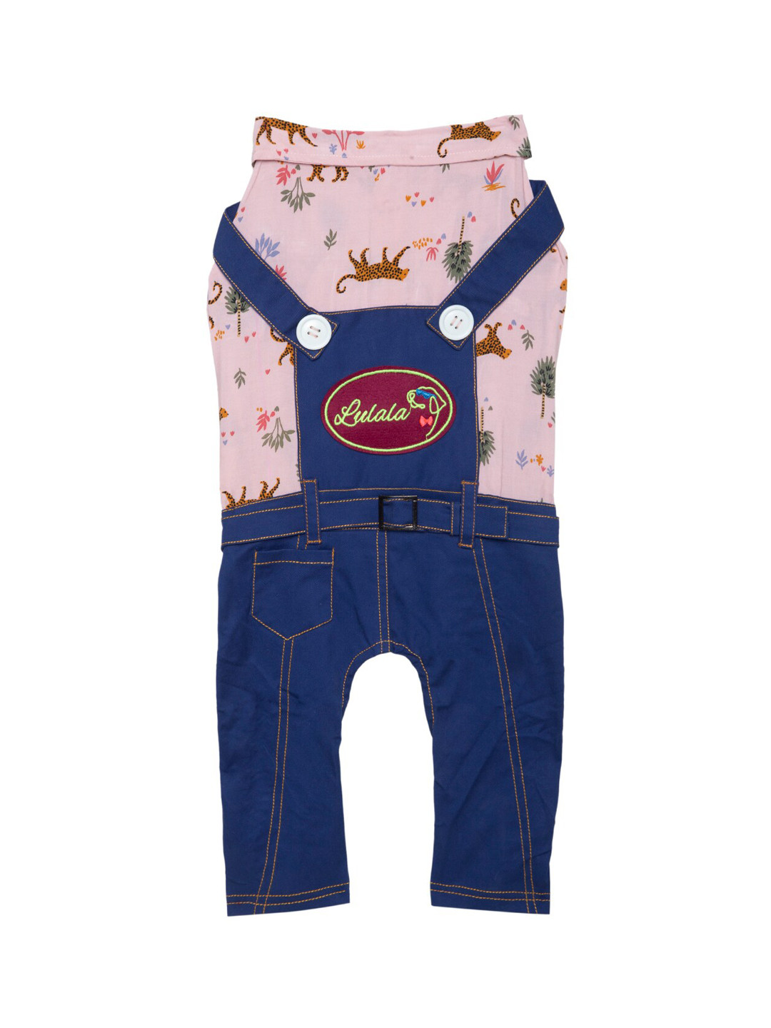 Lulala Pink & Blue Printed Pure Cotton Dog Denim Jumpsuit