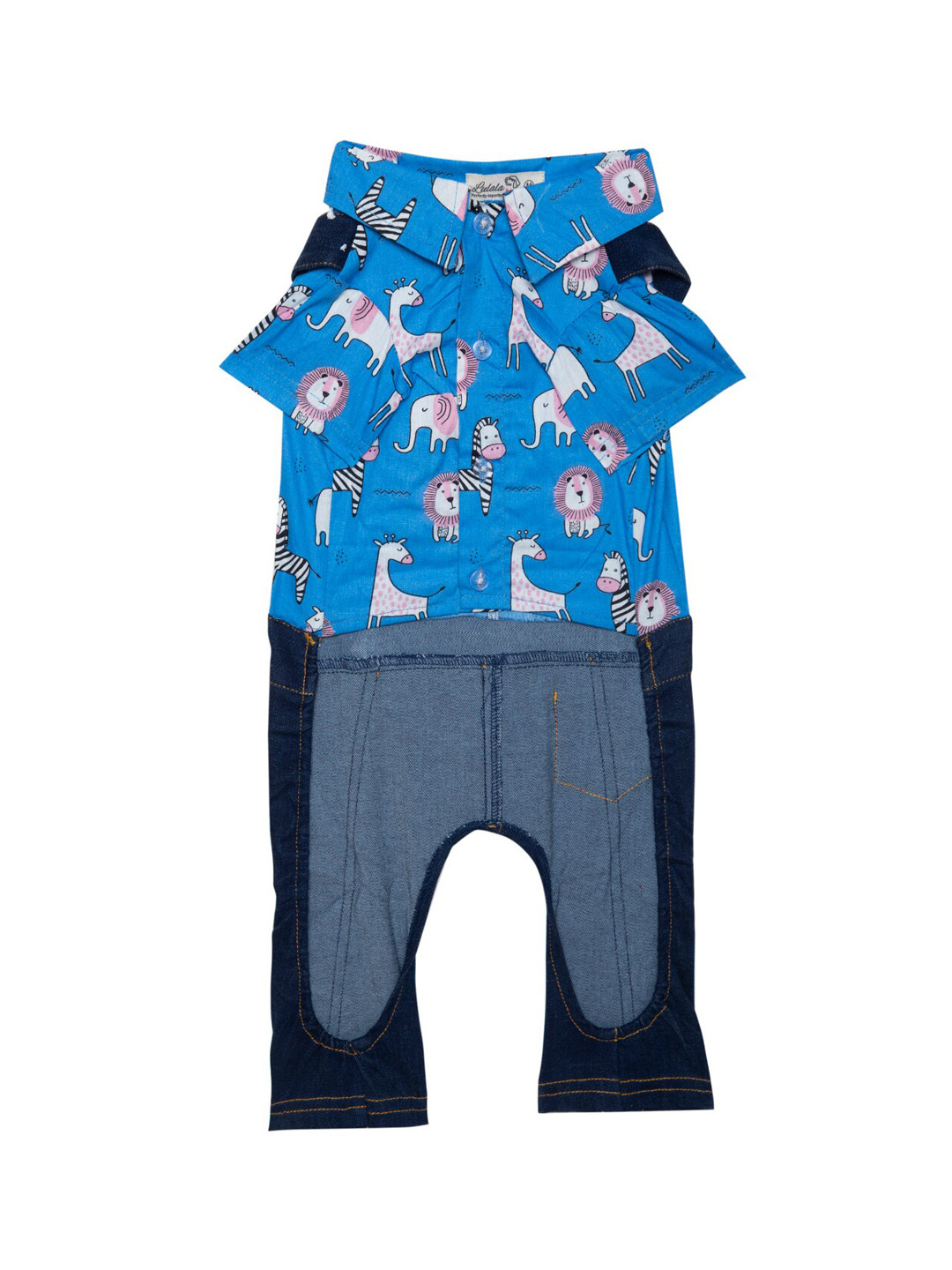 Lulala Blue & Navy Blue Printed Dog Denim Jumpsuit