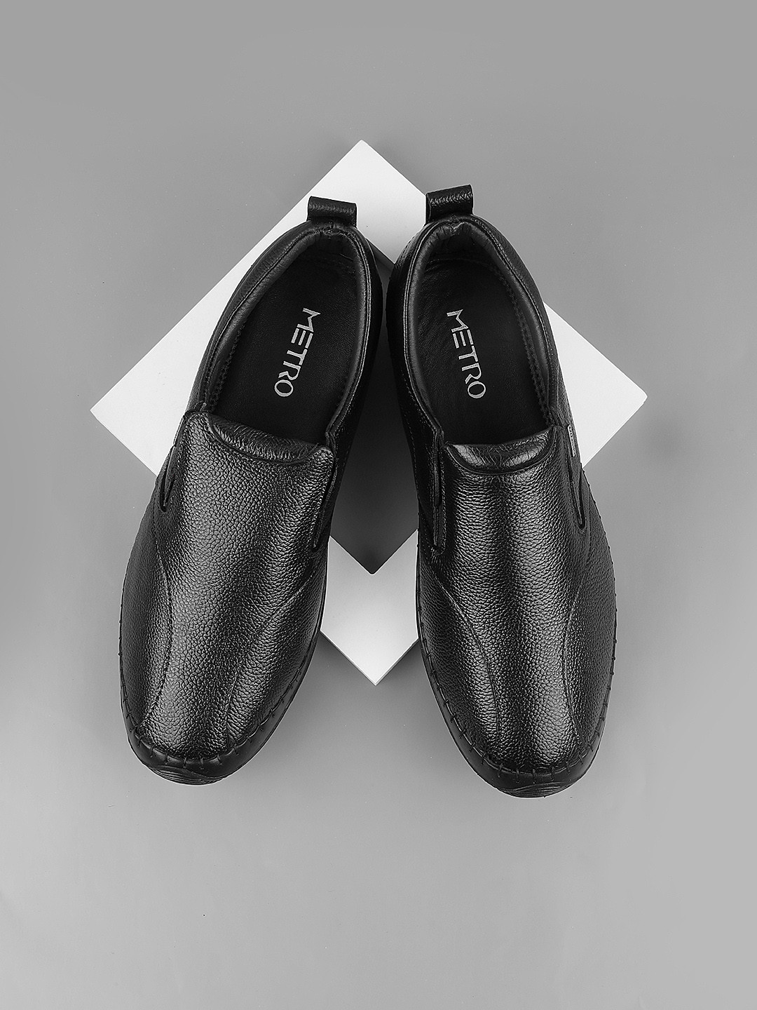 Metro Men Black Leather Slip-On Sneakers