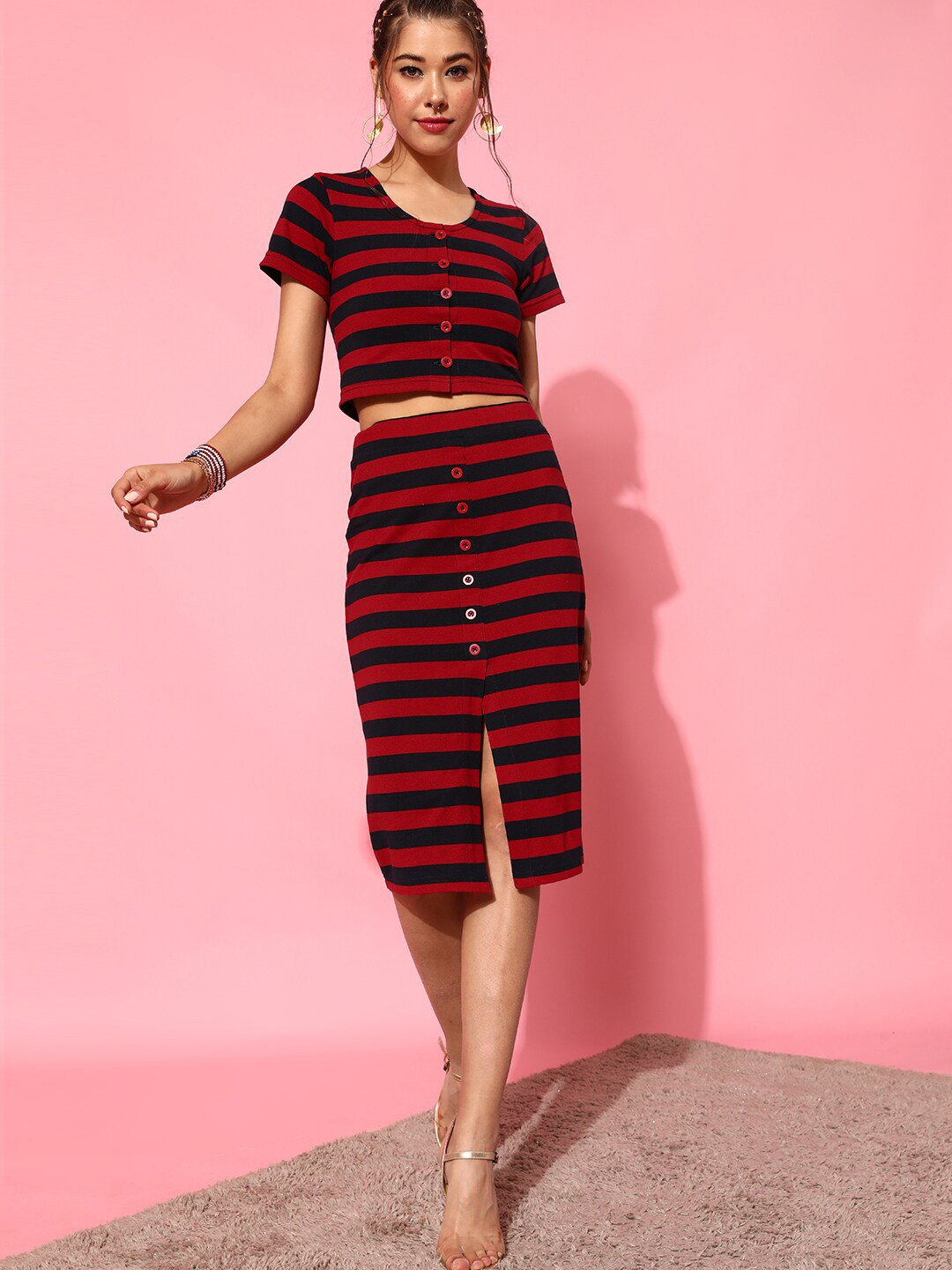 STREET 9 Women Gorgeous Red Striped Top with Skirt