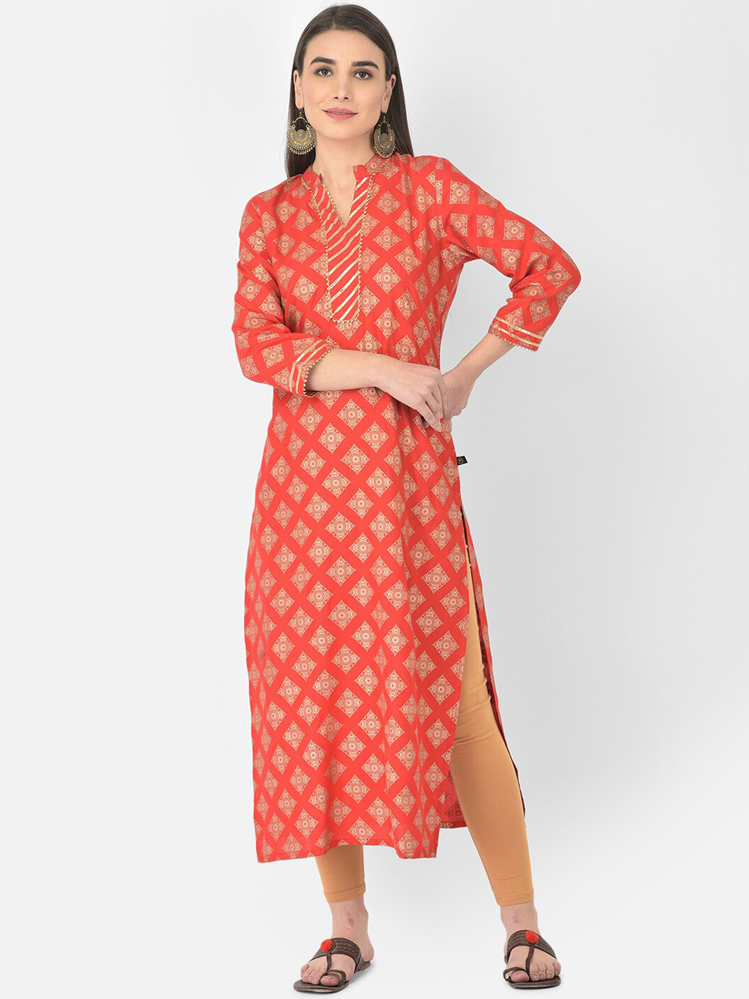 Pistaa Women Coral Red & Golden Ethnic Motifs Screen Printed Straight Kurta