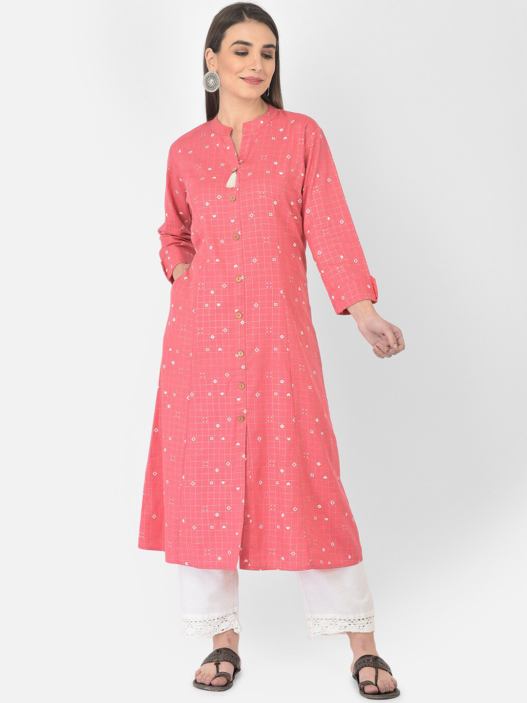 Pistaa Women Pink & White Floral Checked Kurta