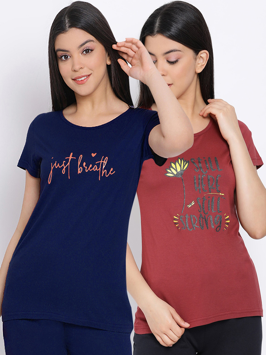 Kanvin Women Maroon & Navy Blue Pack Of 2 Printed Pure Cotton Lounge T-shirts