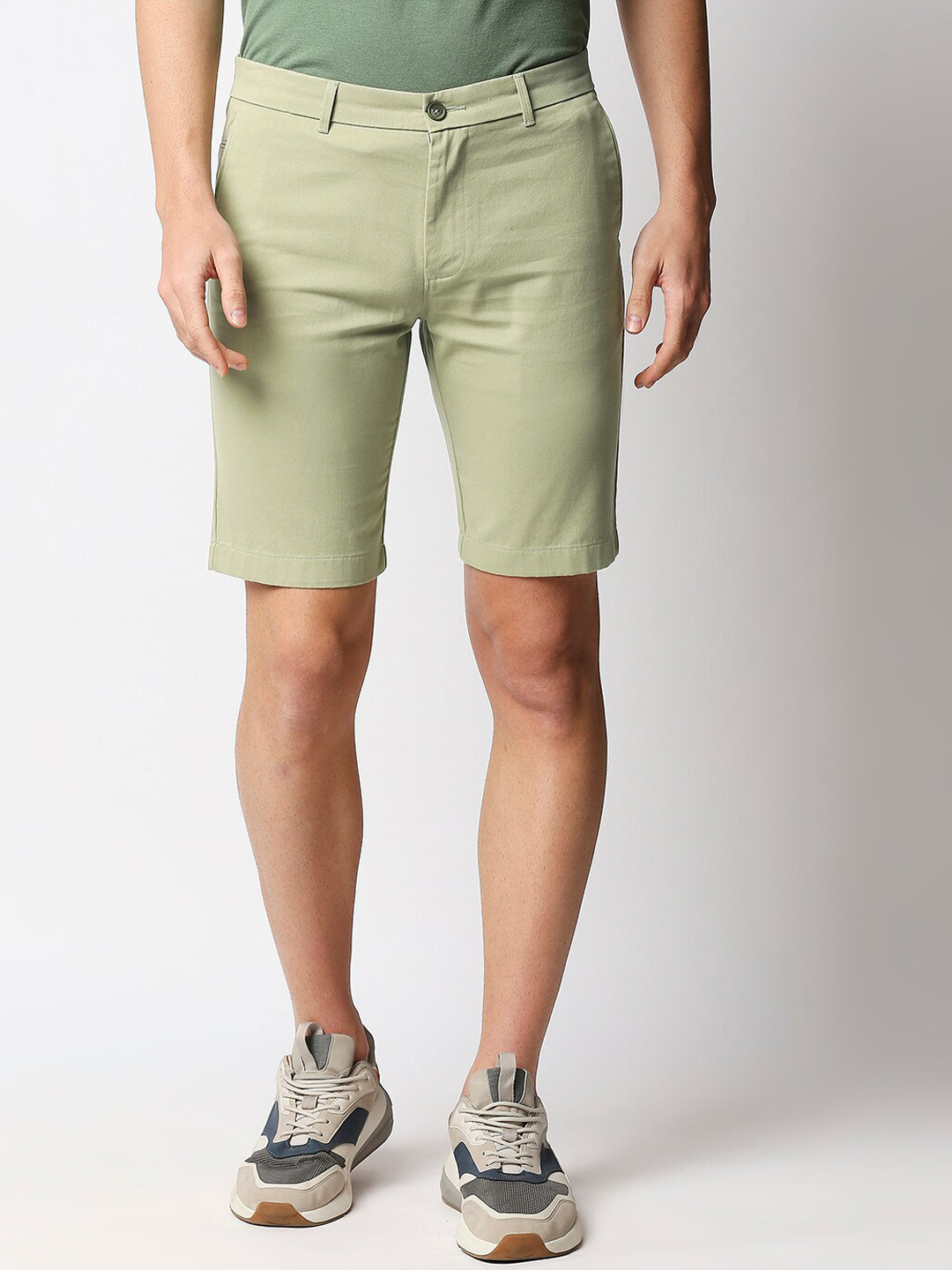 Basics Men Sage Green Regular Fit Solid Cotton Shorts