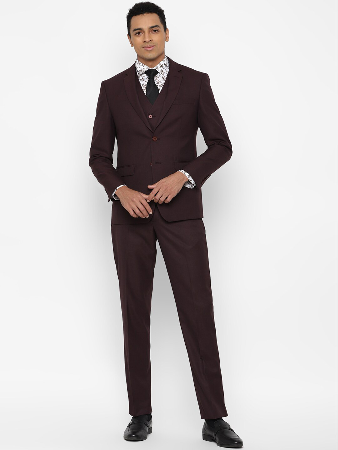 Allen Solly Men Maroon Solid Single-Breasted Slim-Fit 3-Piece Formal Suit