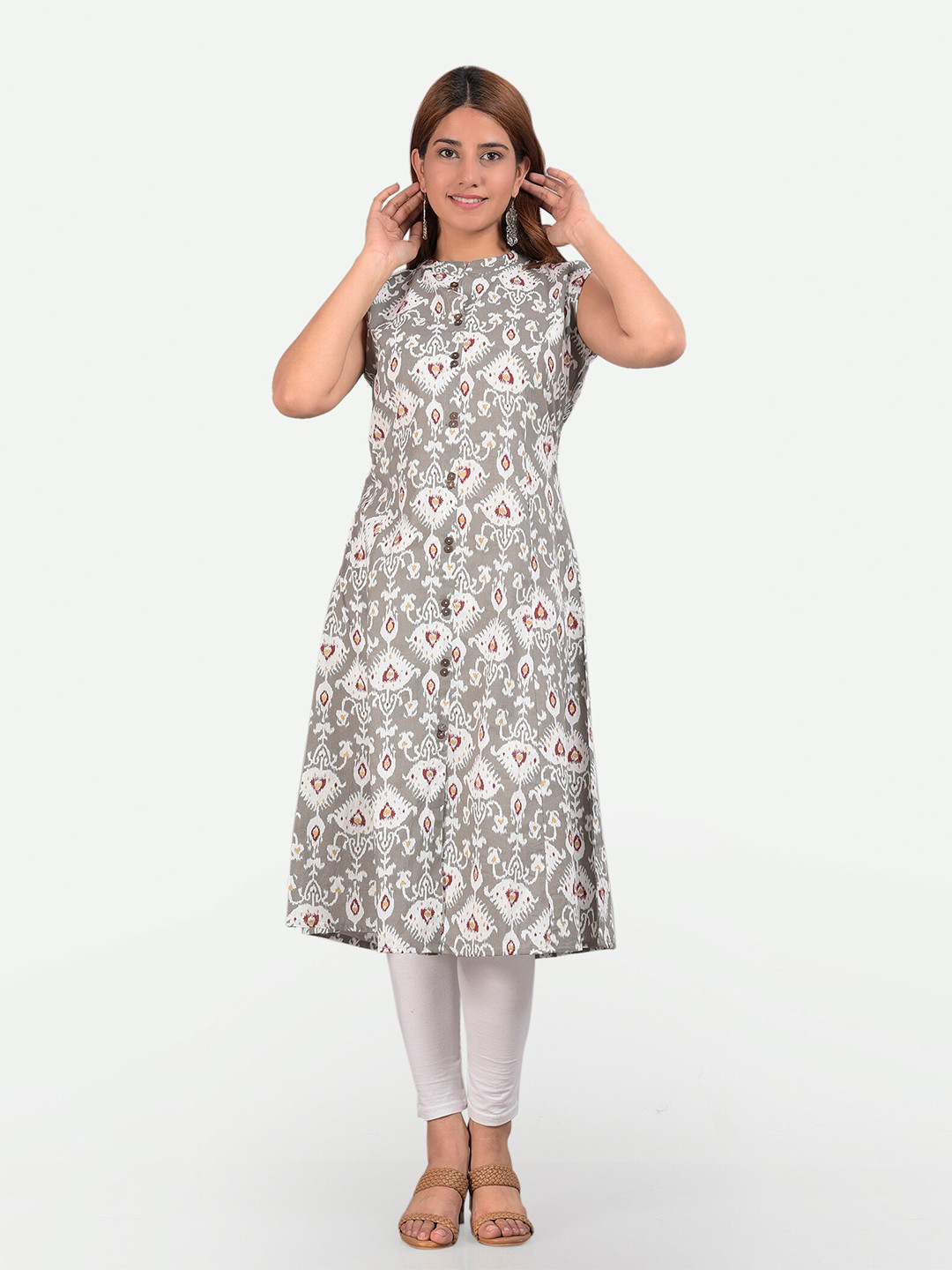 Glorious Women Off White & Grey Ikkat Printed  Kurta