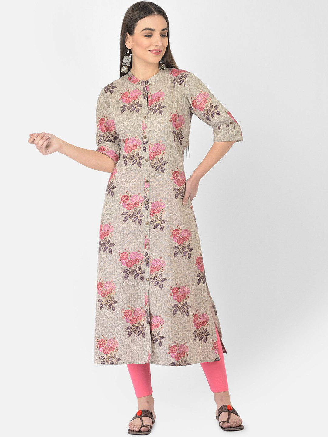Pistaa Women Grey Floral Screen Print Pure Cotton Kurta